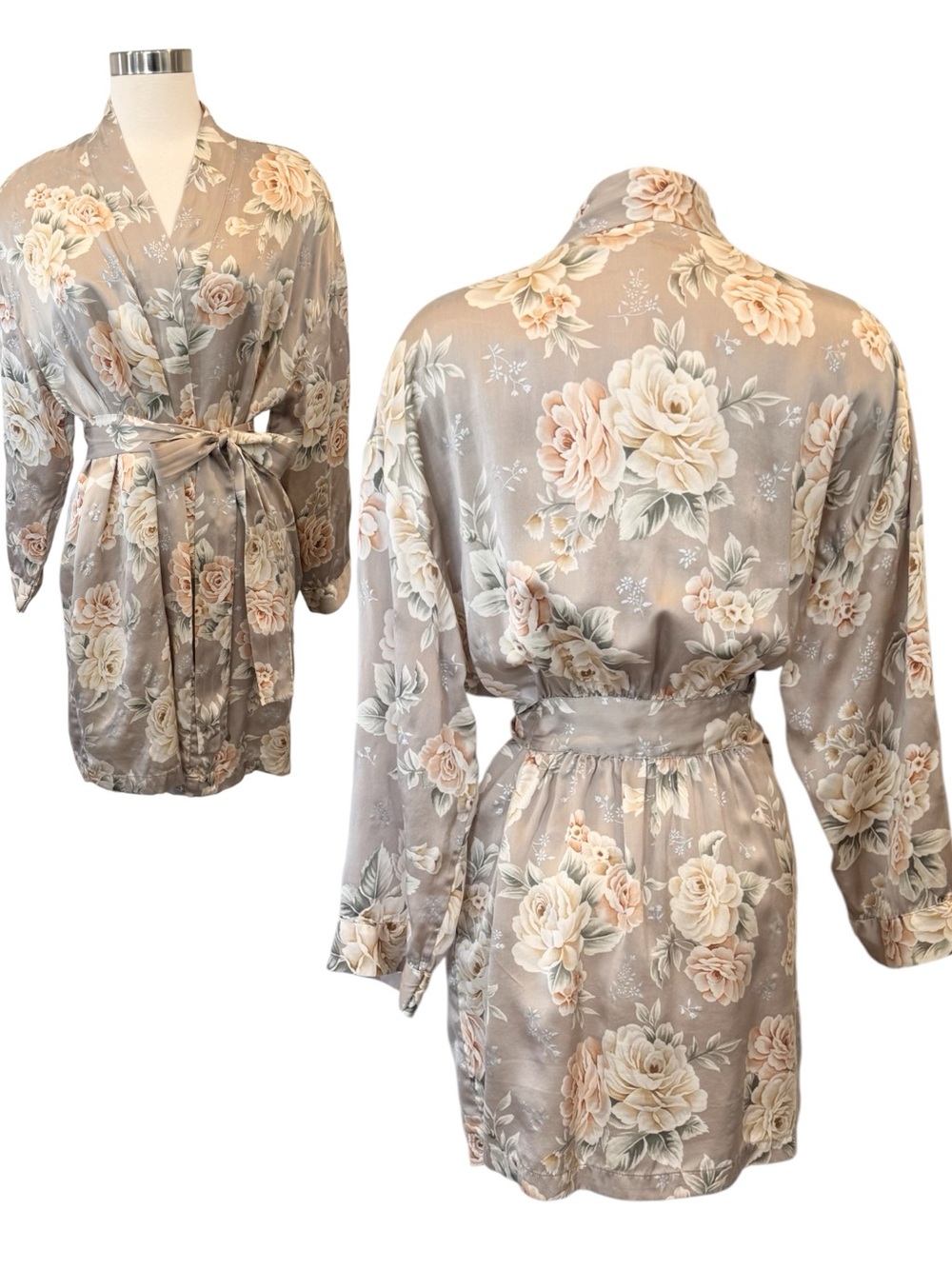 90s Victoria’s Secret 100% Silk Vintage Silver Champagne Bride Floral Print Robe